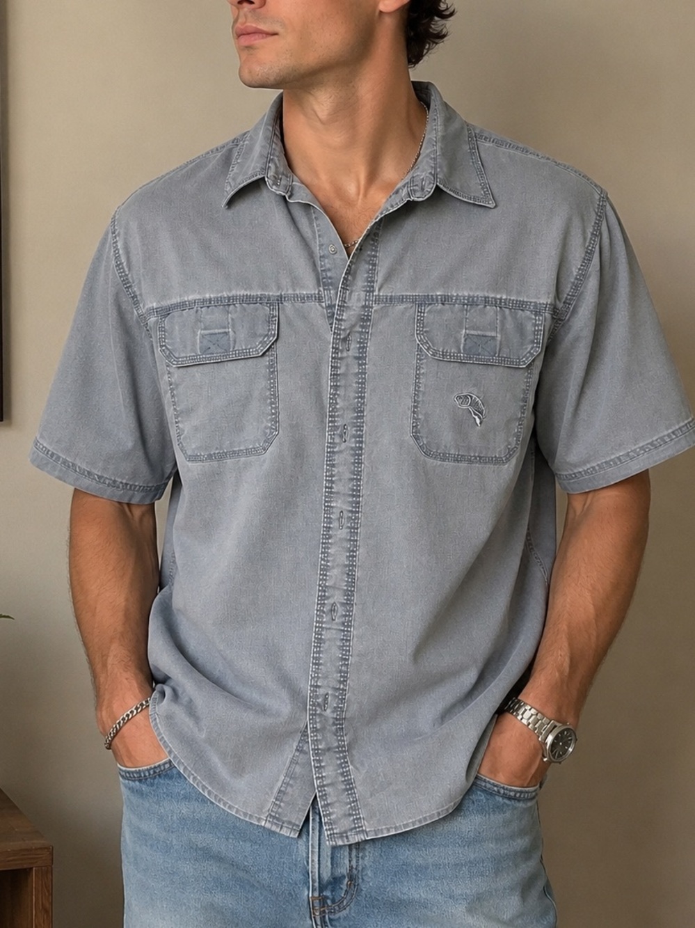 Men blue denim fishing cowboy button up shirt
